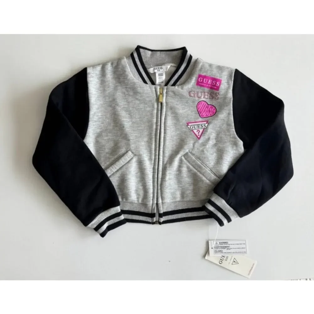 Guess Kids Gray Black Varsity Zip Jacket NWT Size 6X Logo Jacket